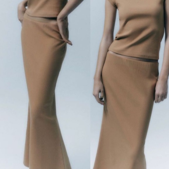 🍂 ZARA TAN RIBBED HIGH WAIST MAXI SKIRT! - Picture 6 of 11